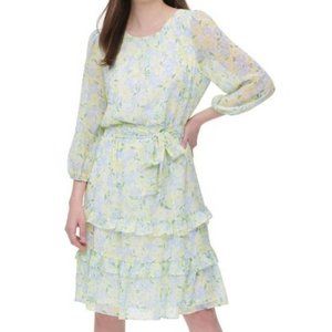 Calvin Klein Women's Dress Blue Size XS Sheath Tiered Floral Belted
